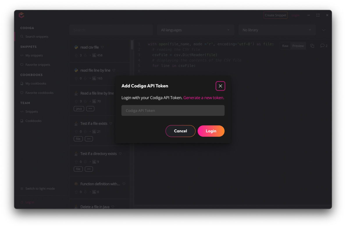 Codiga Code Snippet Manager Add API Token