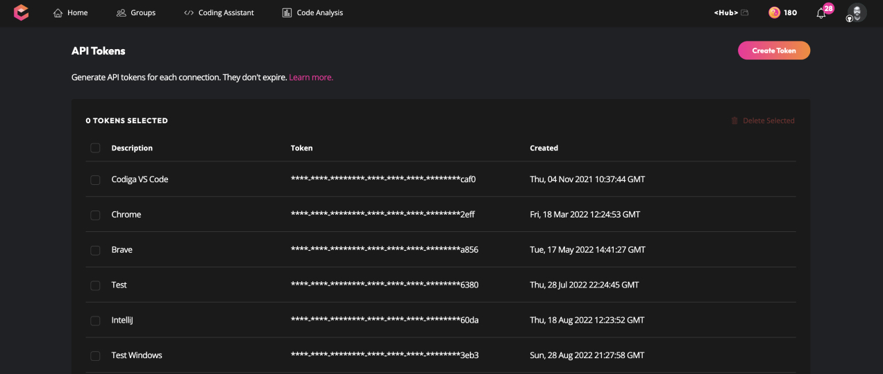 Codiga API Tokens management