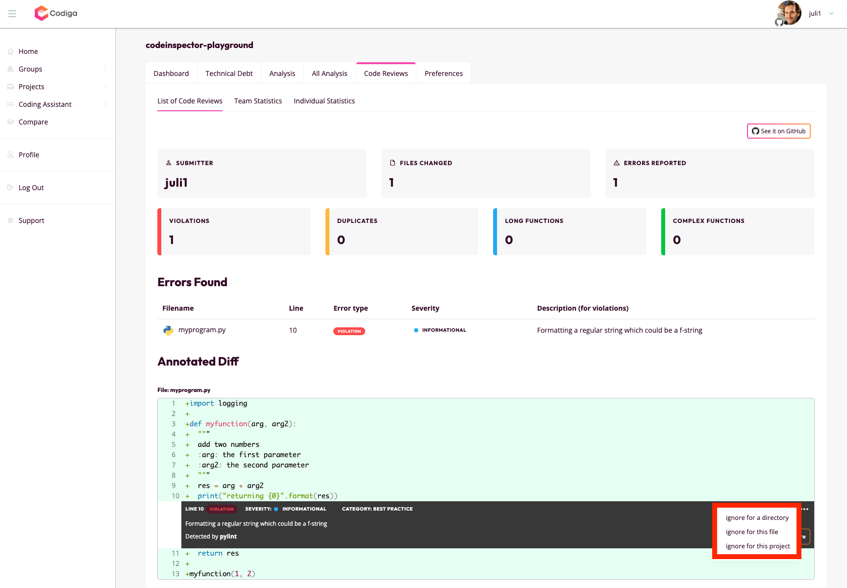 Check Code Review on the Codiga Interface