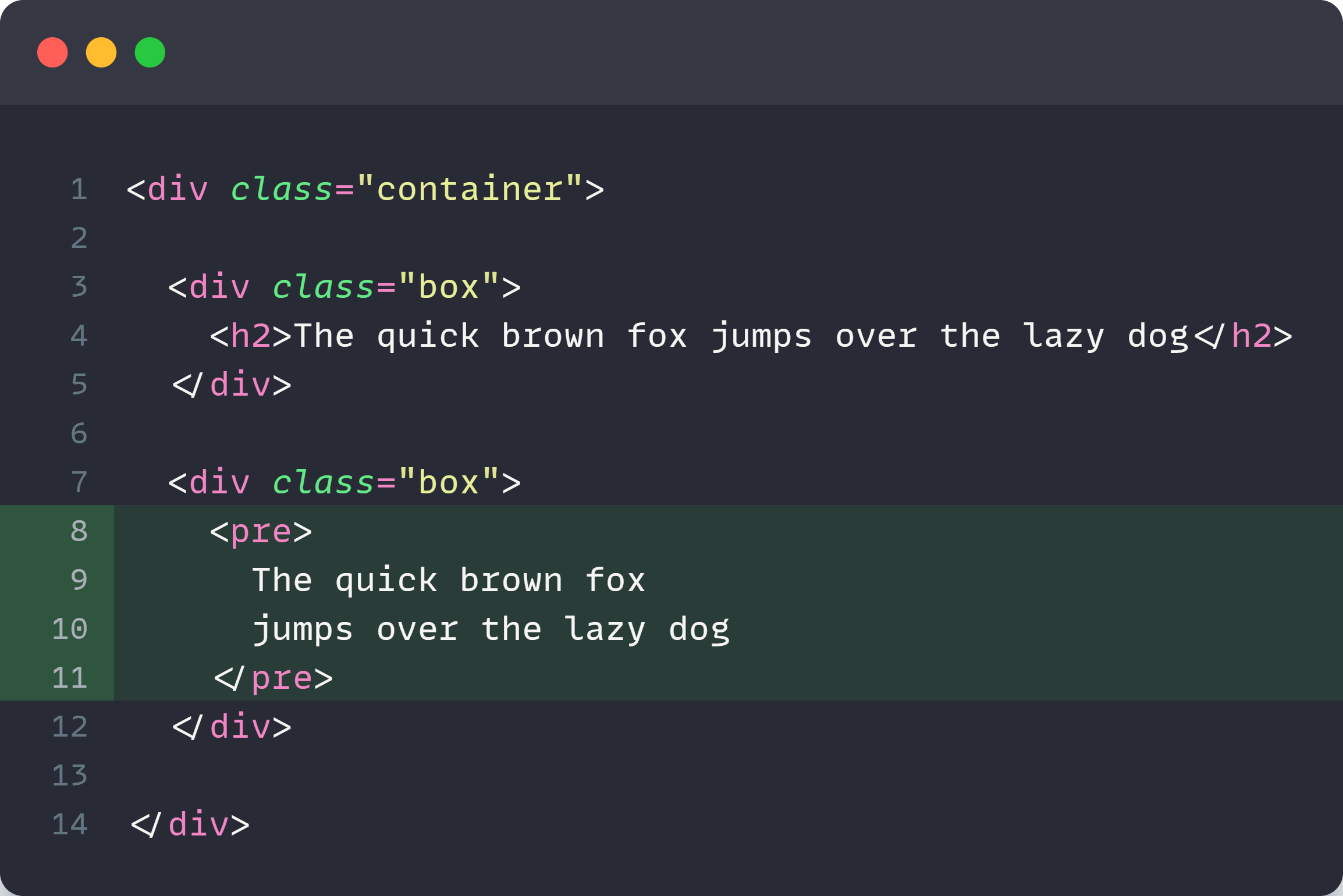 HTML pre tag example code snippet