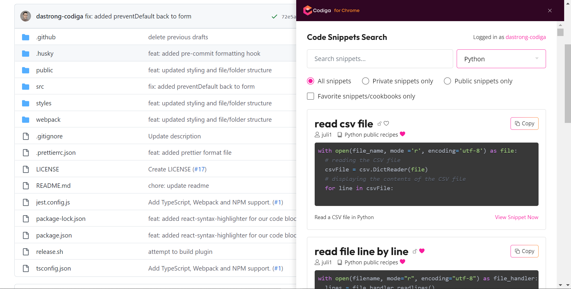 Open Code Snippet Search Panel