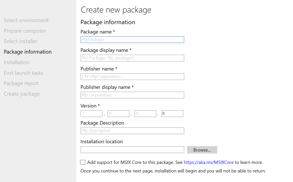 MSIX Packaging tool package information