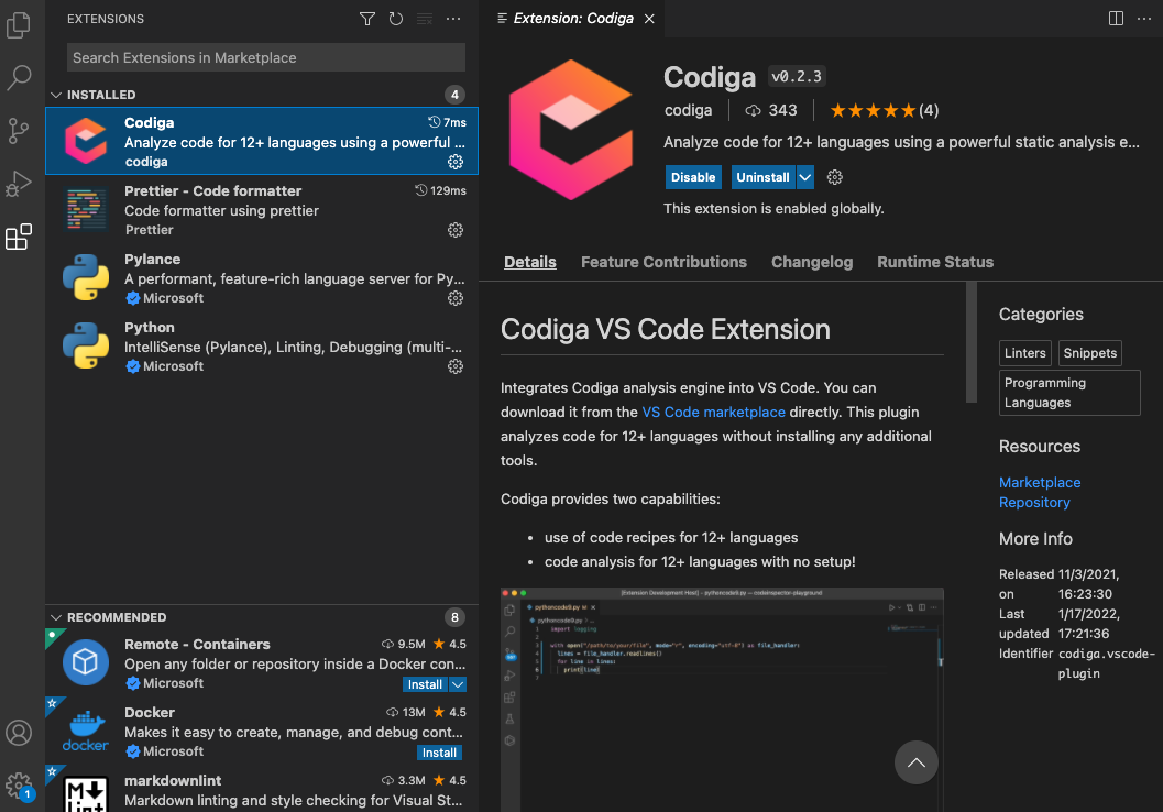 Codiga VS Code extension in VS Code